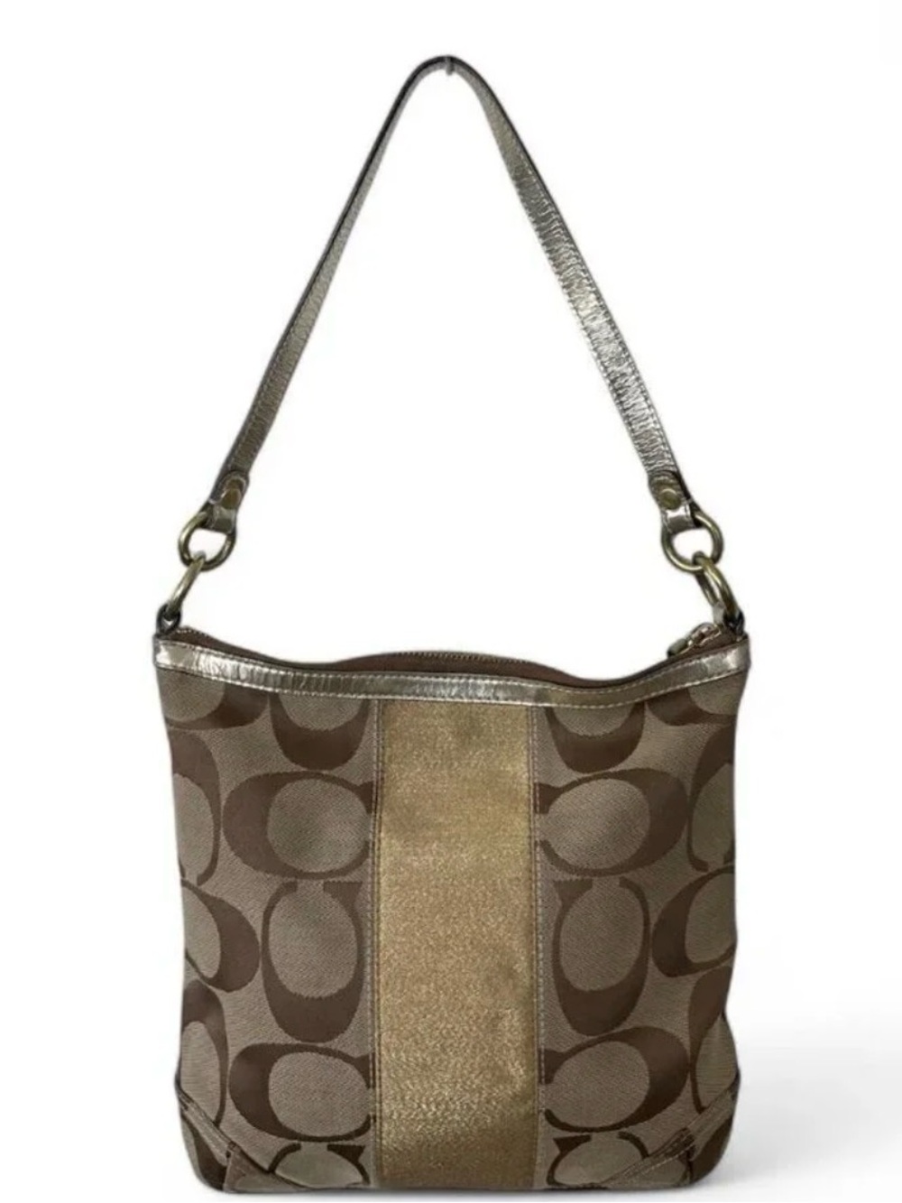 Coach Signature Canvas Shoulder Bag in Brown with Gold Trim